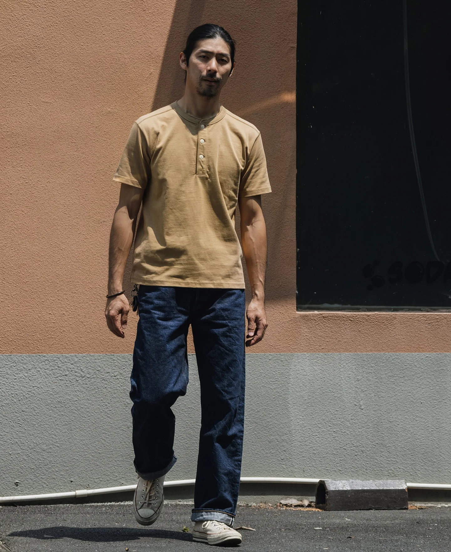 10.6 oz Cotton Short Sleeve Henley T-Shirt - Khaki - Image 3