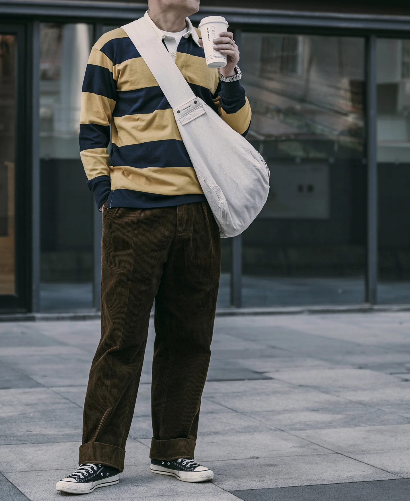 Classic Fit Striped Jersey Rugby Shirt - Yellow/Navy - Image 5