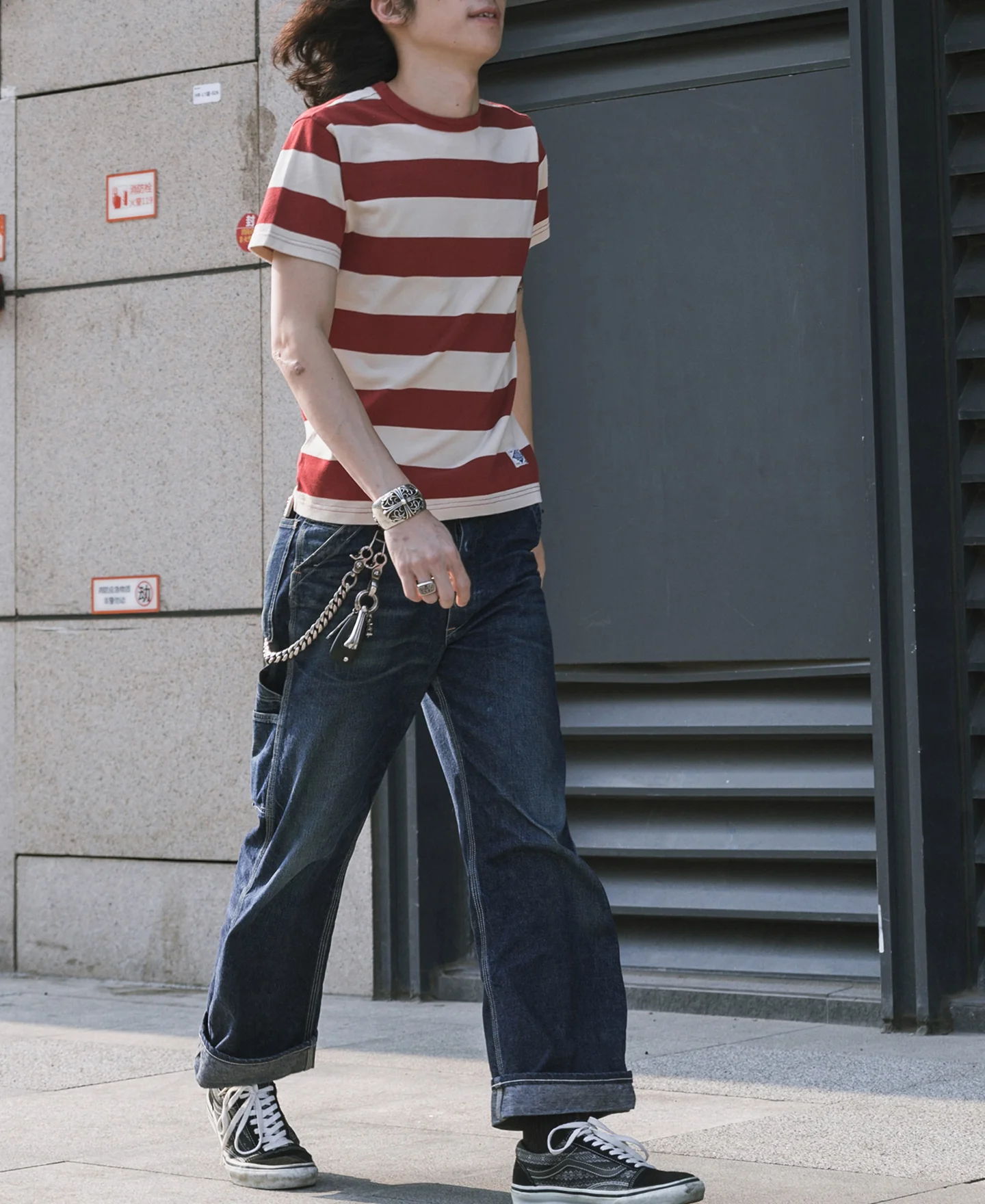 Heavyweight Cotton Wide Striped T-Shirt - Red/Apricot - Image 3