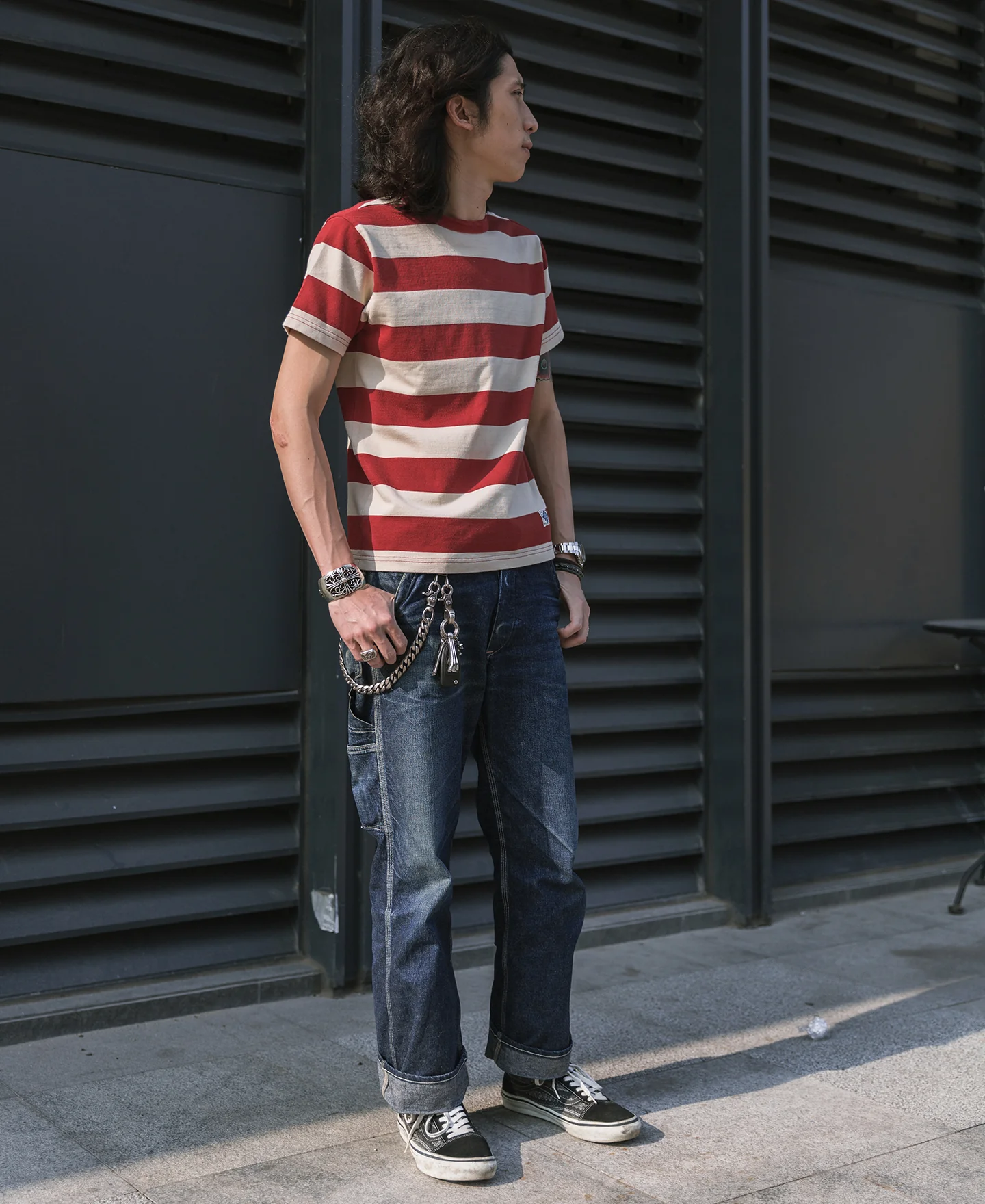 Heavyweight Cotton Wide Striped T-Shirt - Red/Apricot - Image 4