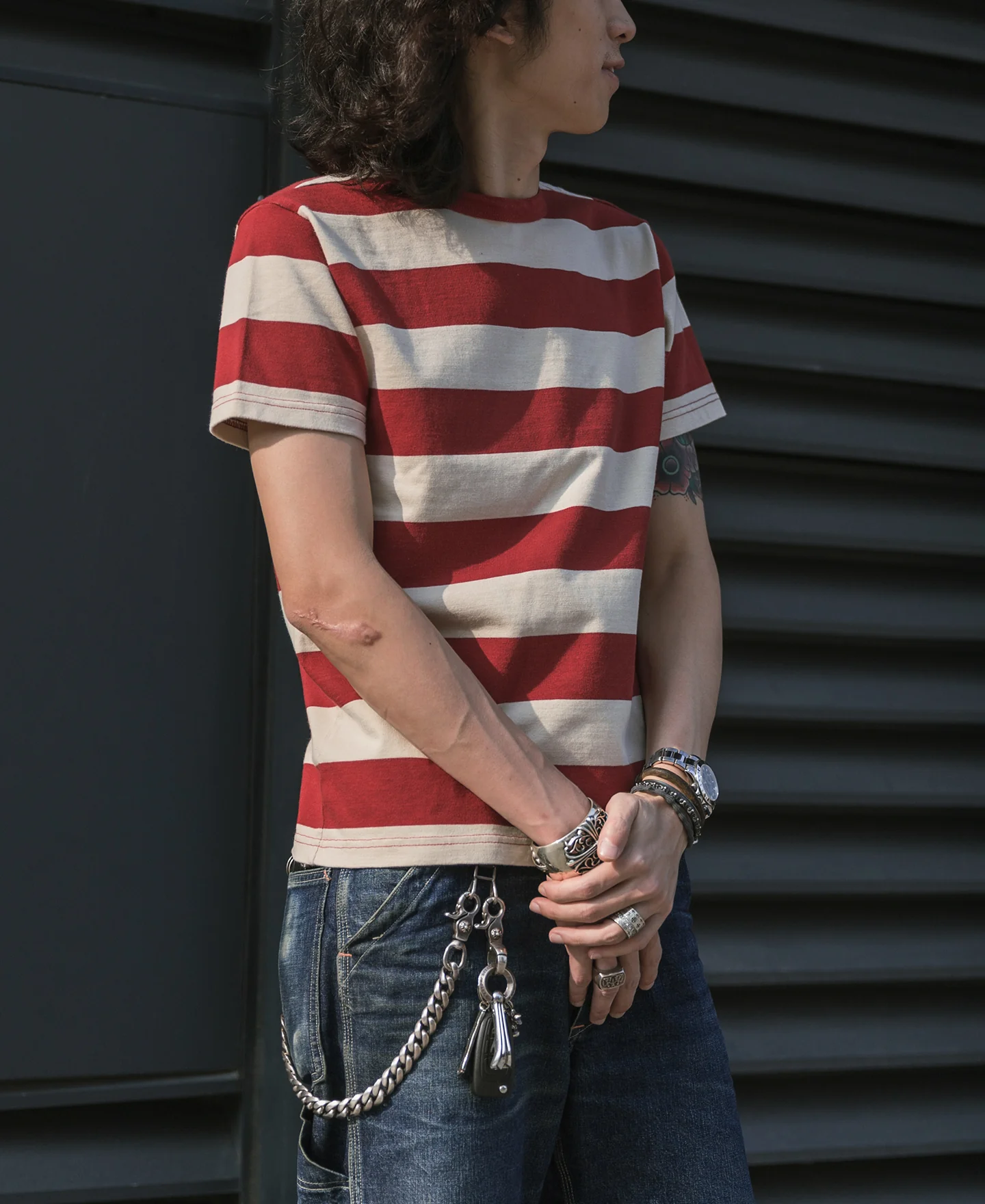 Heavyweight Cotton Wide Striped T-Shirt - Red/Apricot - Image 5
