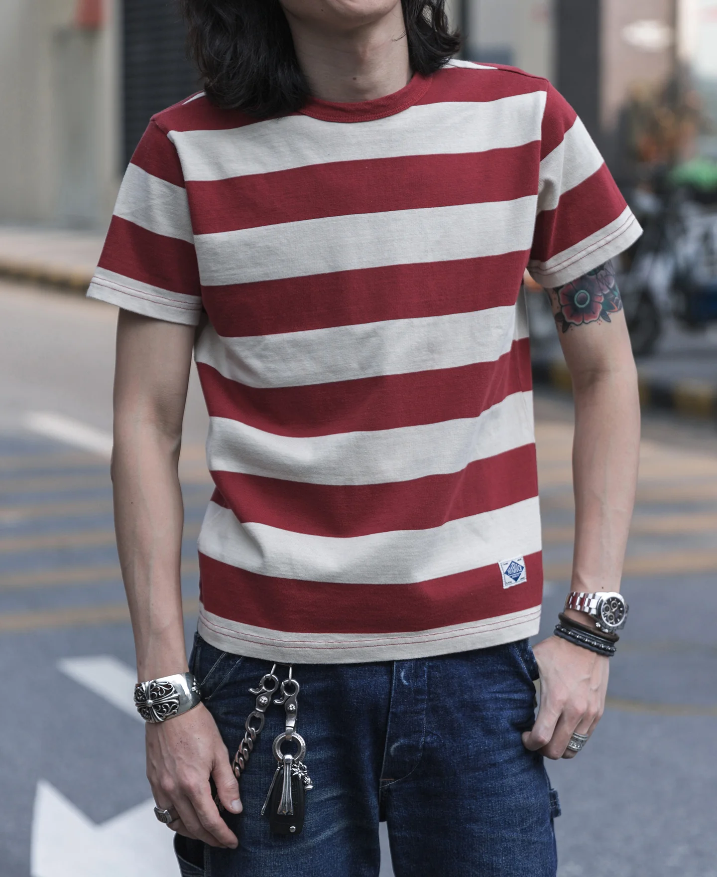 Heavyweight Cotton Wide Striped T-Shirt - Red/Apricot - Image 6