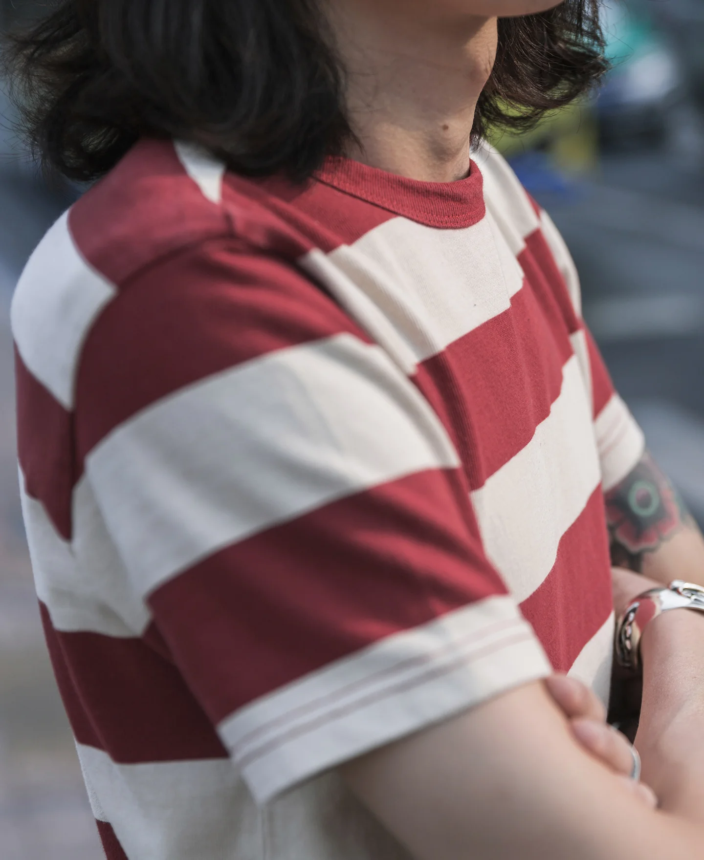 Heavyweight Cotton Wide Striped T-Shirt - Red/Apricot - Image 7
