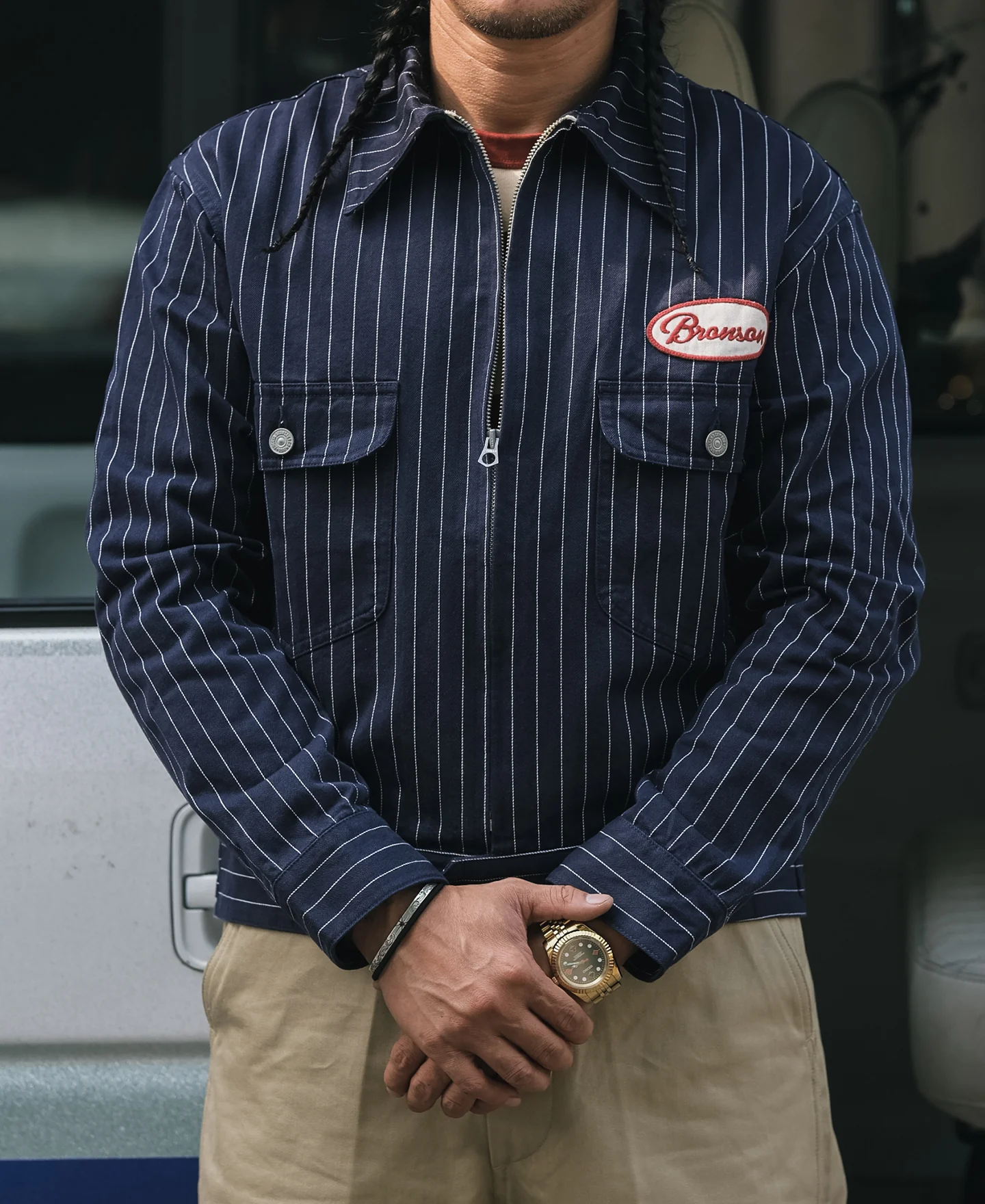 Lot 954 1950s Motorcycle Mechanic Stripe Chore Coat - Navy - Image 4