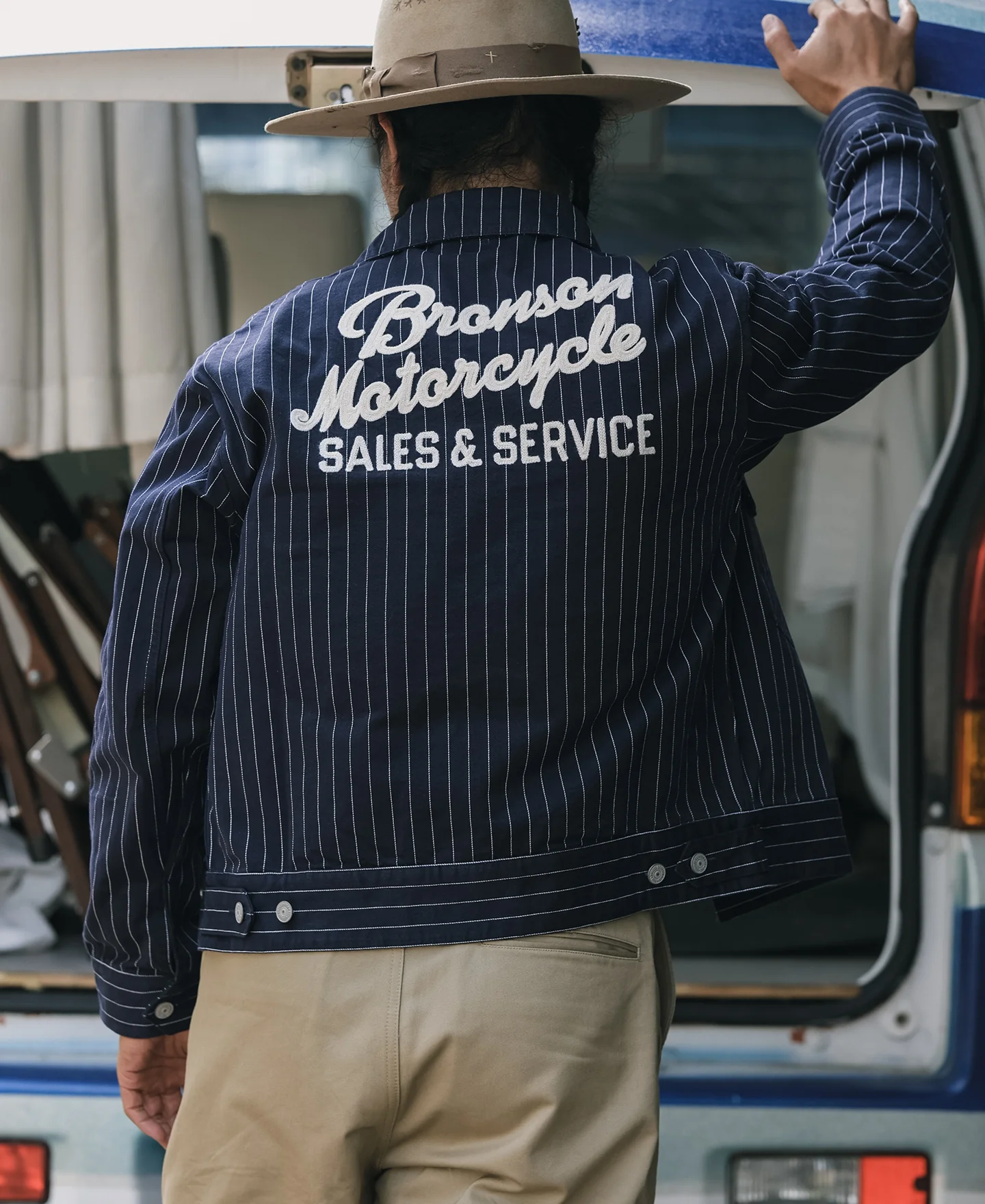 Lot 954 1950s Motorcycle Mechanic Stripe Chore Coat - Navy - Image 5