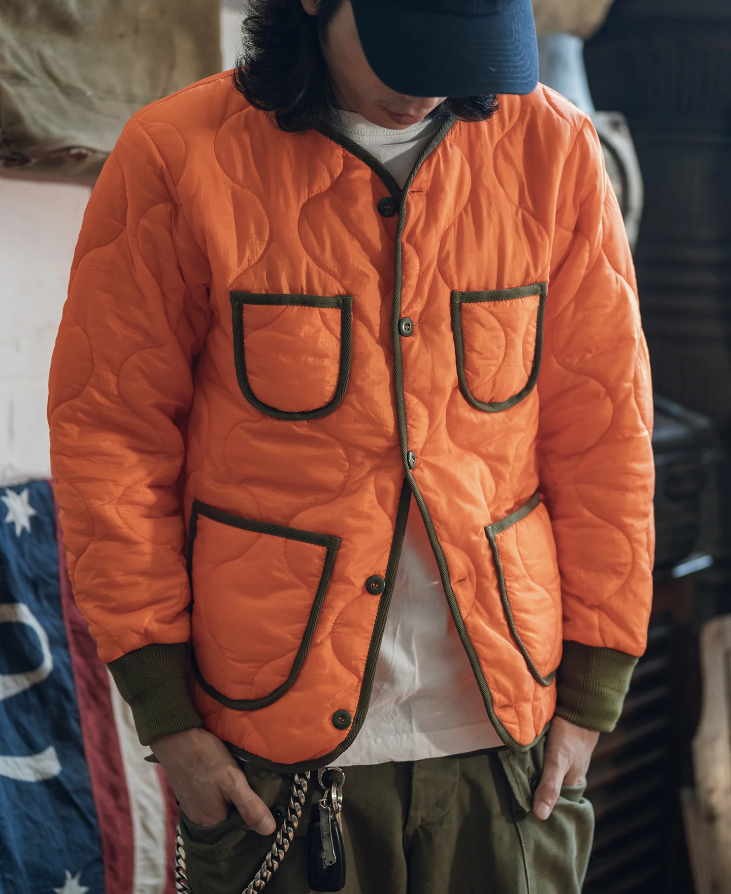Military Style Quilted Padded Ripstop Nylon Jacket - Orange - Image 3