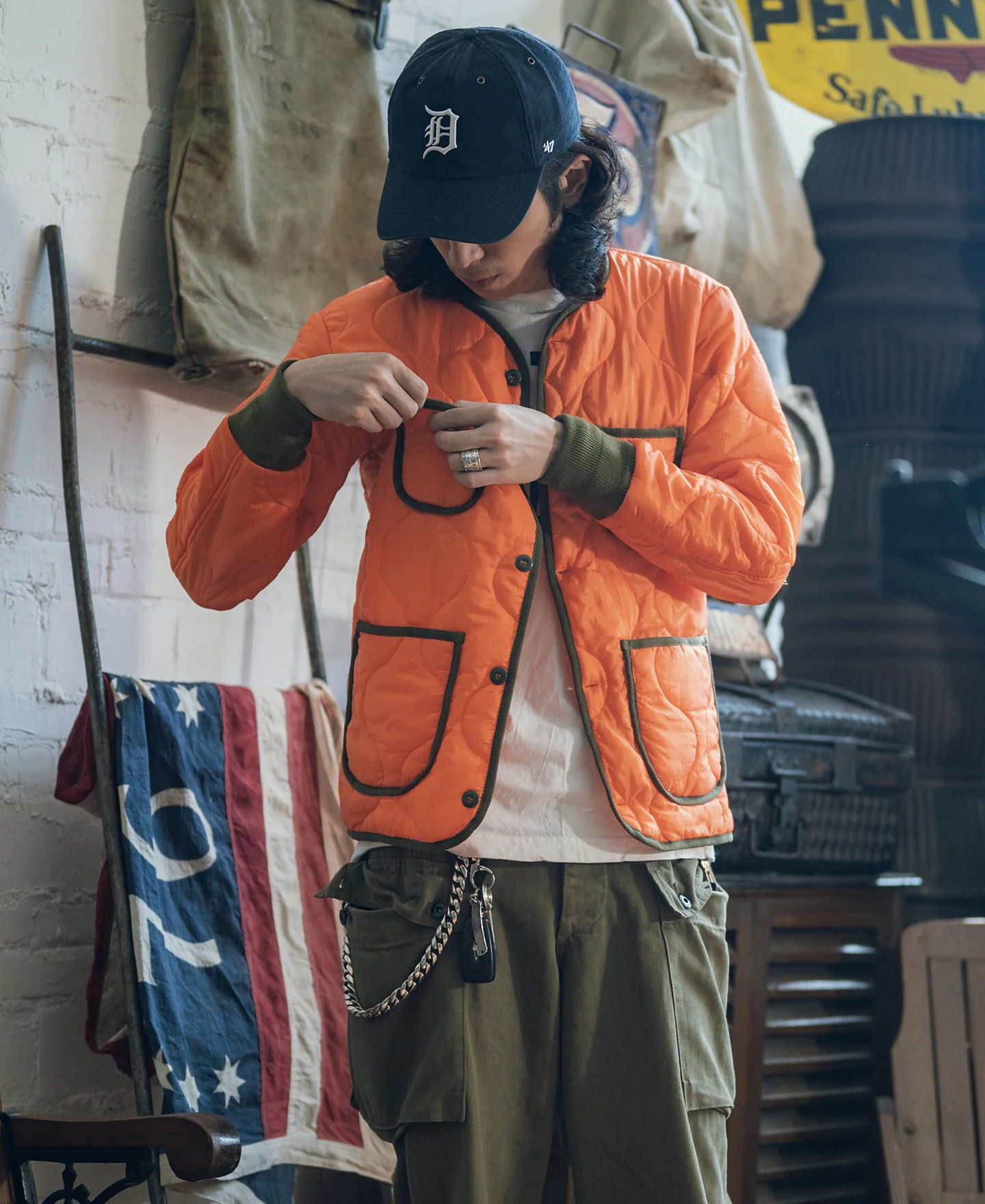 Military Style Quilted Padded Ripstop Nylon Jacket - Orange - Image 4