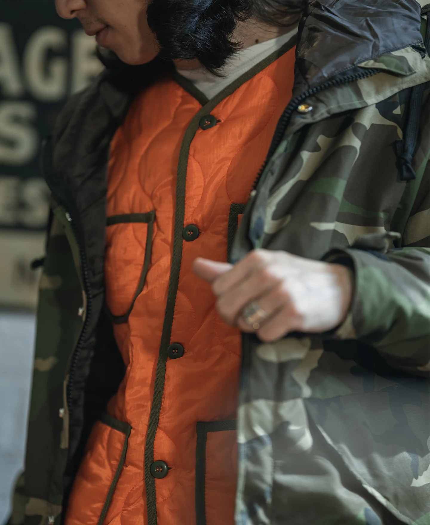 Military Style Quilted Padded Ripstop Nylon Jacket - Orange - Image 6