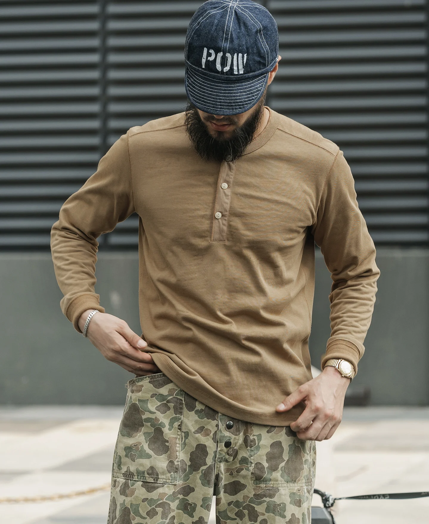 Vintage Long Sleeve Henley Shirt - Khaki - Image 4