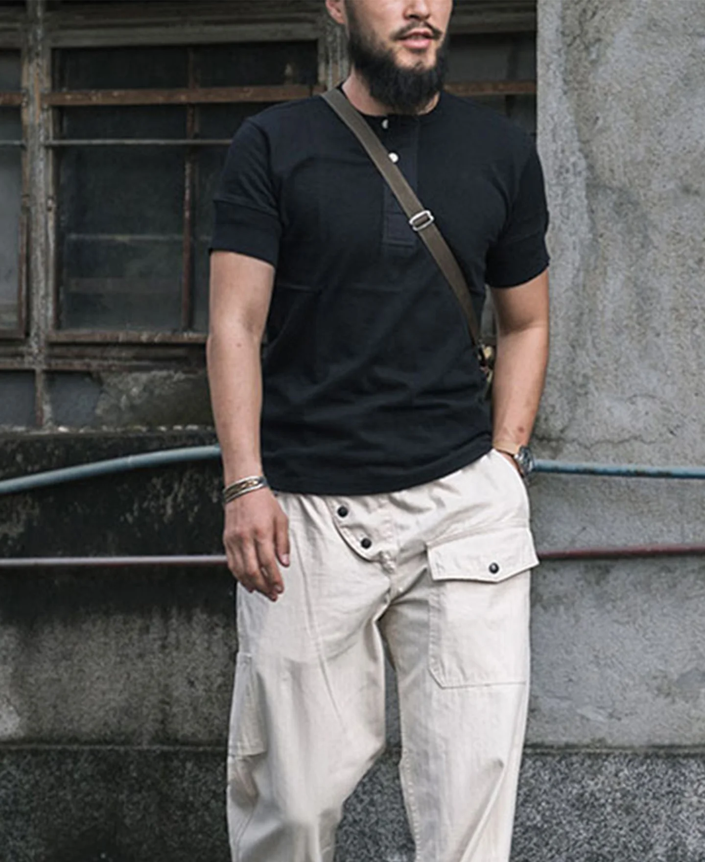 Vintage Short Sleeve Henley T-Shirt - Black - Image 4